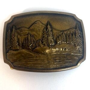 Solid Brass Belt Buckle BTS Made In The USA Vintage Mountain River Trees Rustic